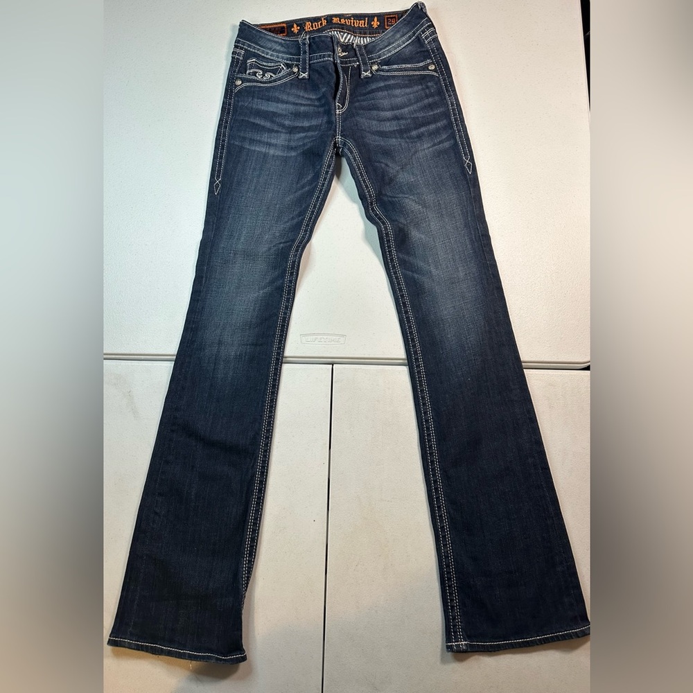 Rock Revival Jeans Womens 29 Deborah Bootcut Blue Stretch Flap Pockets